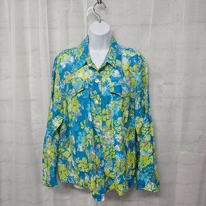 Ruby Rd Blue Green Tropical Button Down Shirt Roll Tab Burnout L